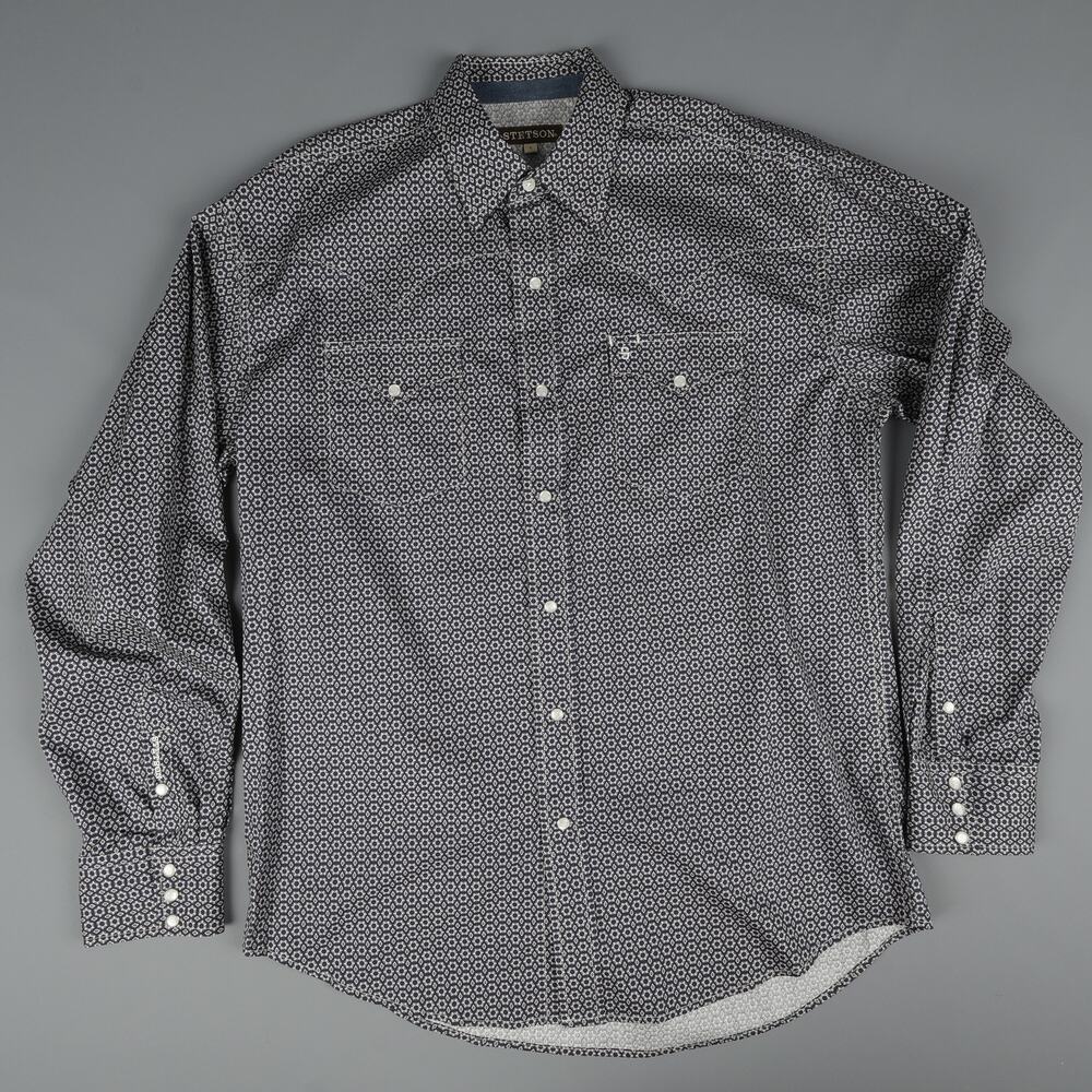 Stetson Mens Large Pearl Snap Button Down Long Sleeve Shirt Geometric Blue